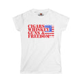 White t-shirt with 'Cigars Whiskey Guns & Freedom' text and American flag design on a white background