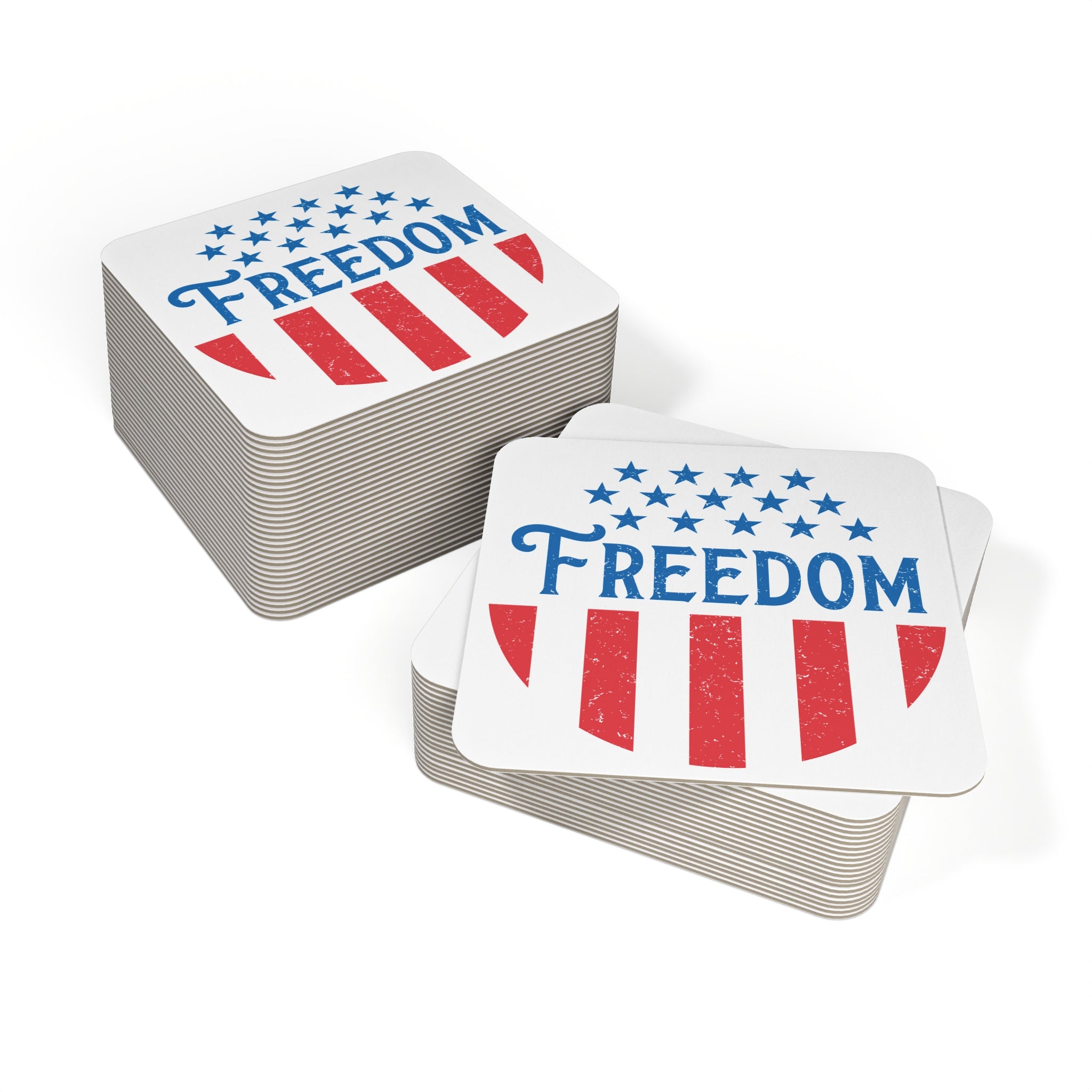 Stack of cards with 'Freedom' text and American flag design on a white background