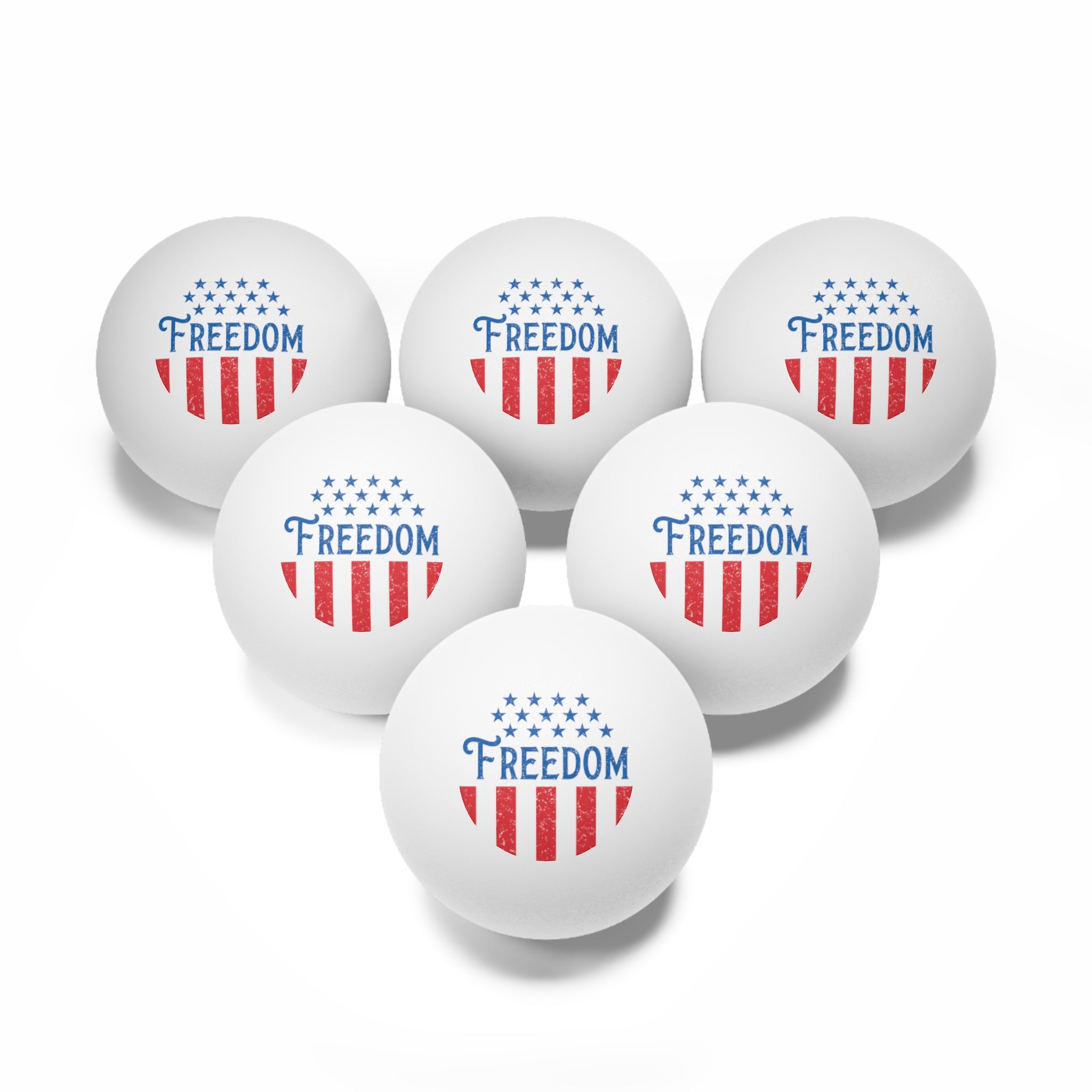 Set of six white balls with 'Freedom' text and American flag design on a white background