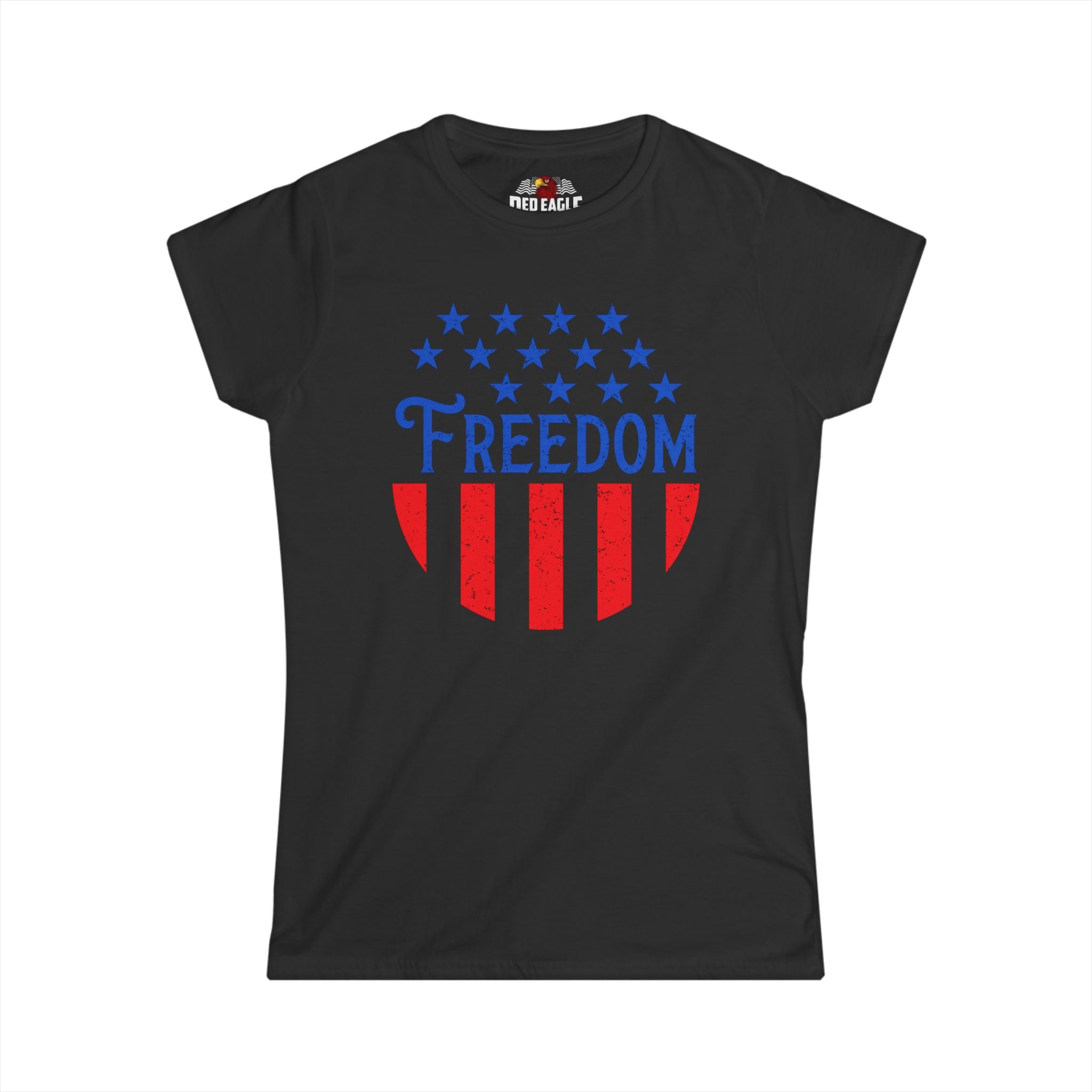 Black t-shirt with 'Freedom' design featuring stars and stripes on a white background