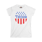 White t-shirt with 'Freedom' graphic design featuring stars and stripes on a white background