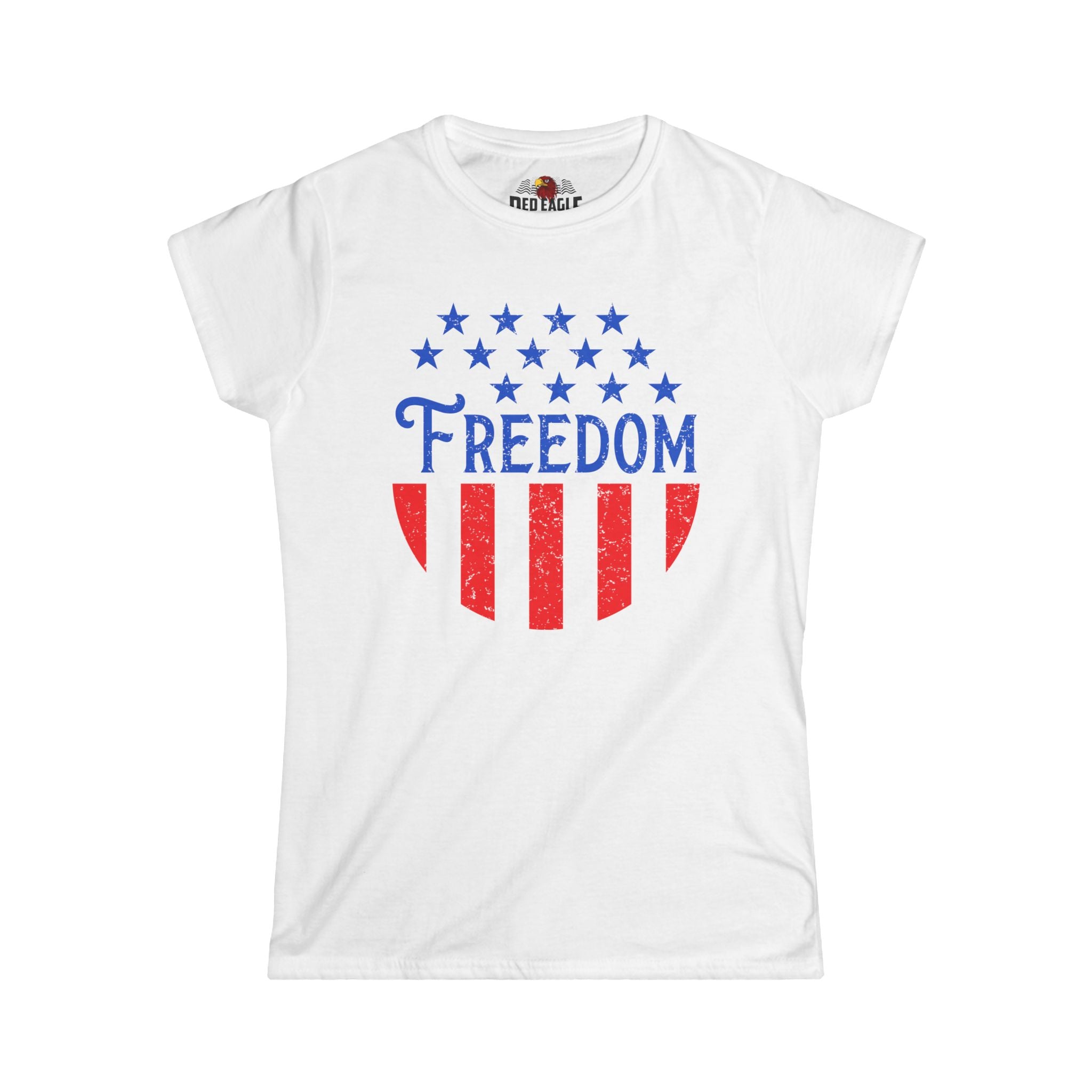 White t-shirt with 'Freedom' graphic design featuring stars and stripes on a white background