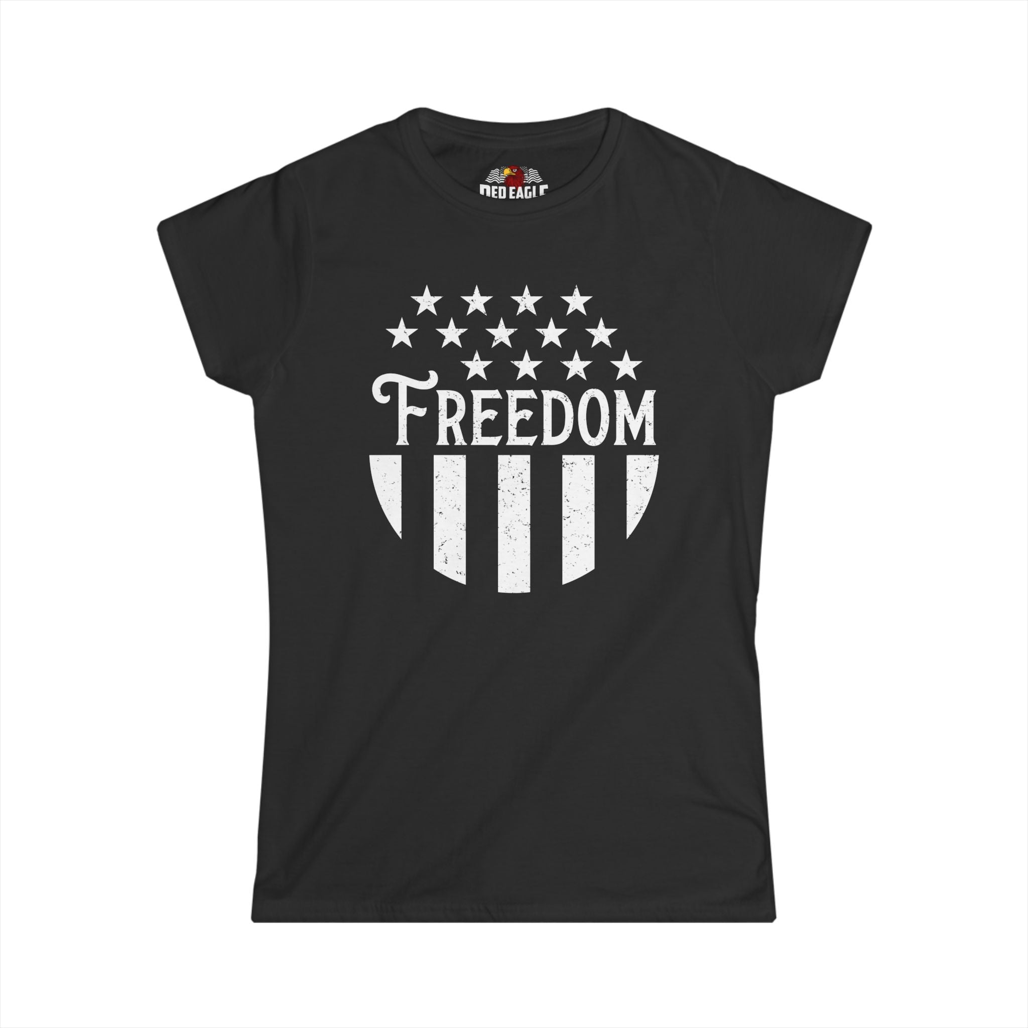 Black t-shirt with 'Freedom' design featuring stars and stripes on a white background