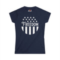 Navy blue t-shirt with 'Freedom' design on a white background