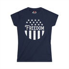 Navy blue t-shirt with 'Freedom' design on a white background