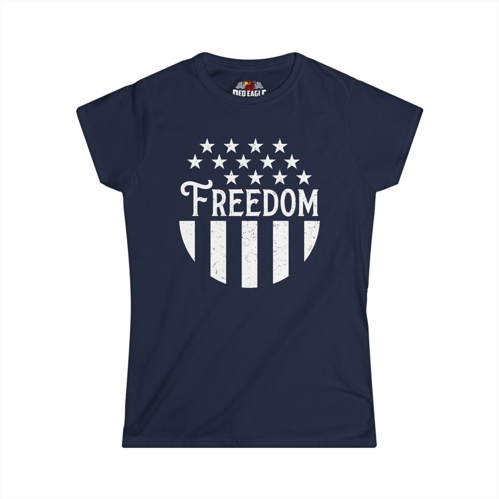 Navy blue t-shirt with 'Freedom' design on a white background