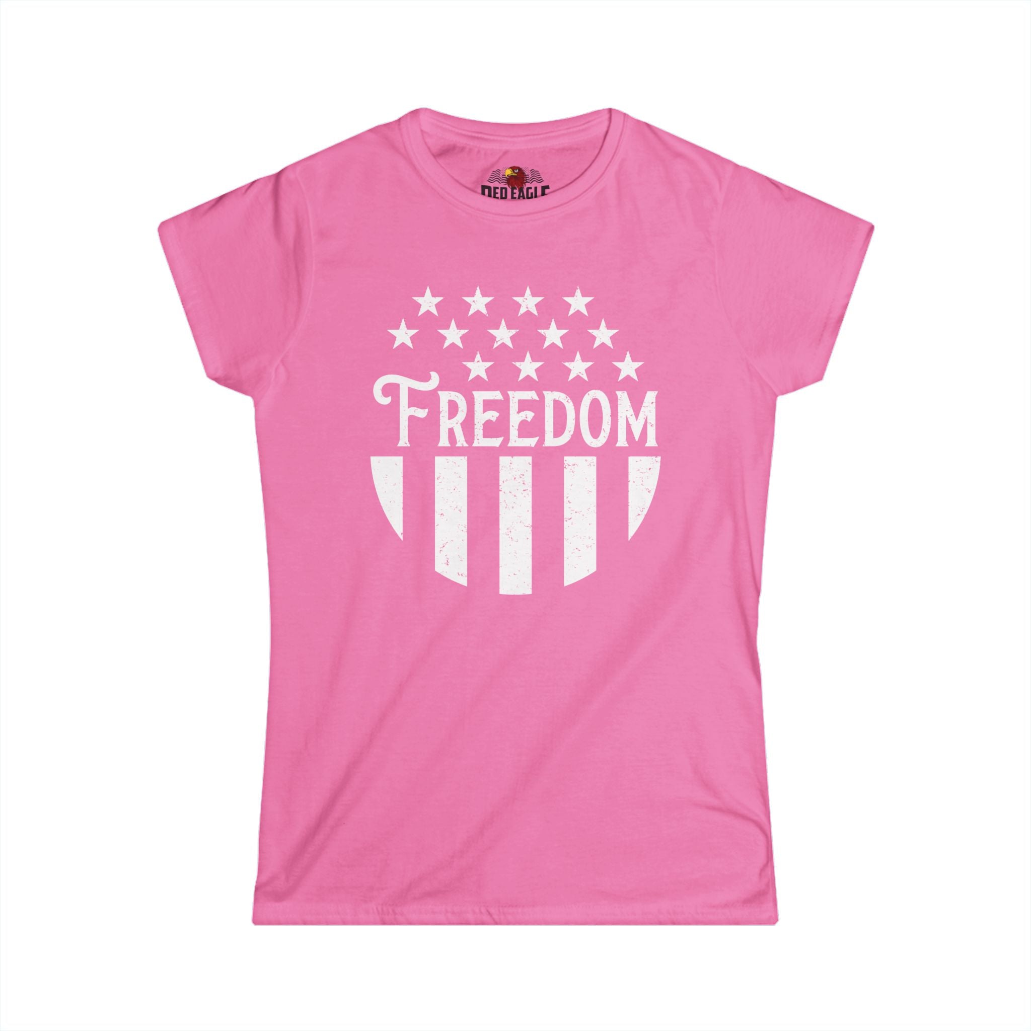 Pink t-shirt with 'Freedom' design on a white background