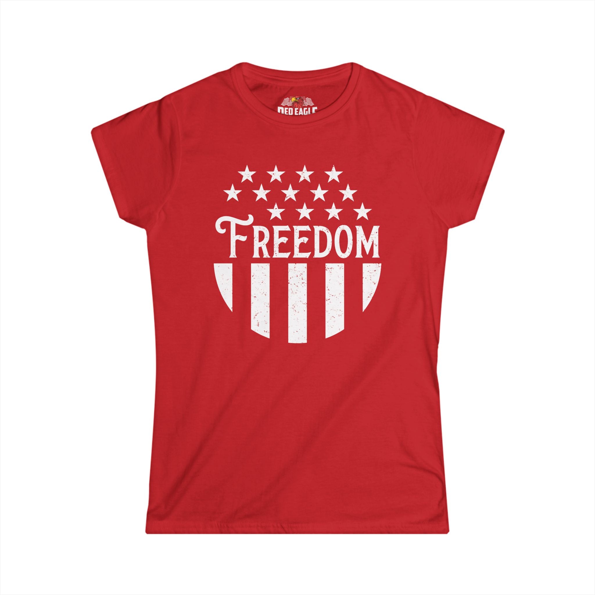 Red t-shirt with 'Freedom' and star design on a white background