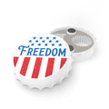 Cylindrical object with 'FREEDOM' text and American flag design on a white background