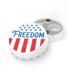Cylindrical object with 'FREEDOM' text and American flag design on a white background