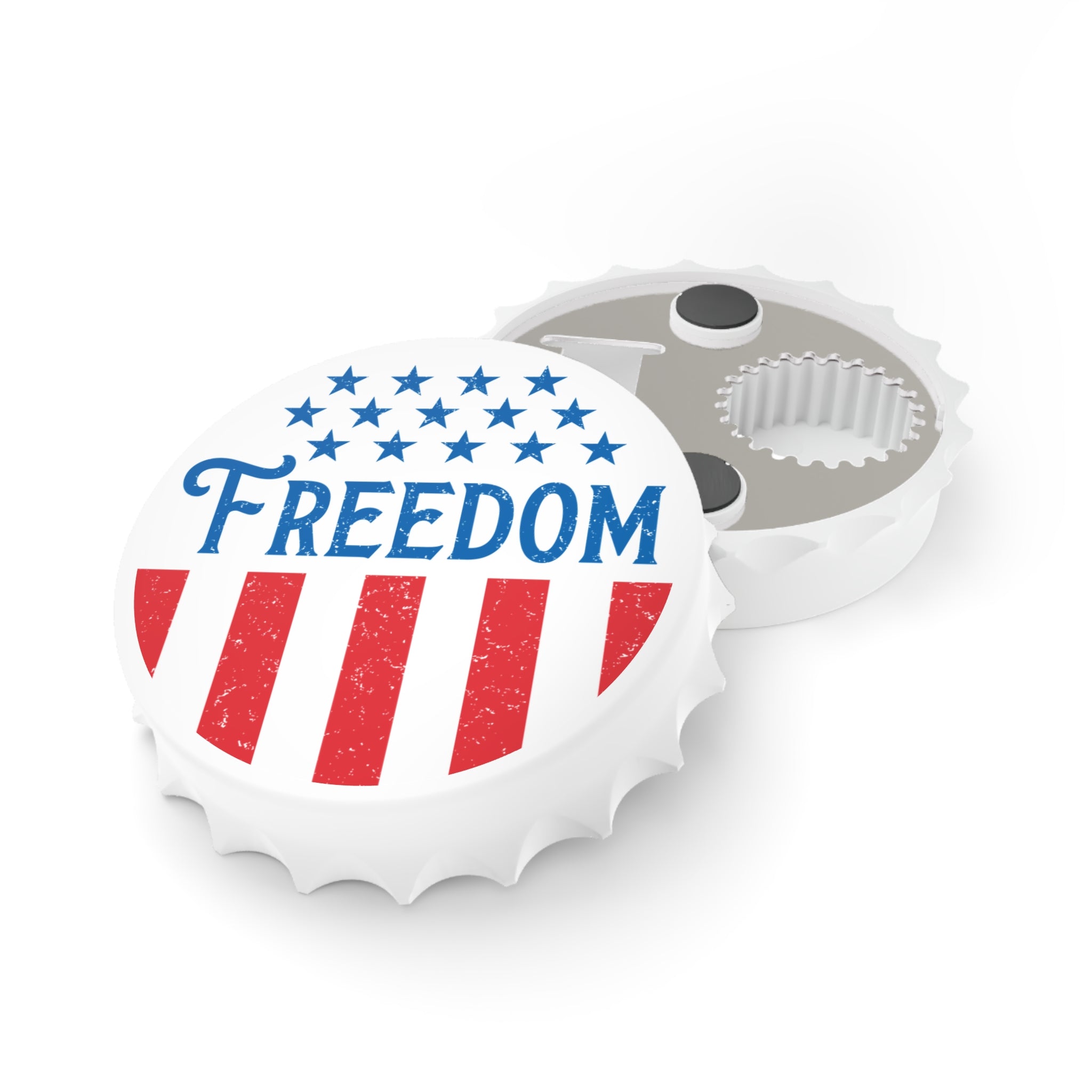 Cylindrical object with 'FREEDOM' text and American flag design on a white background