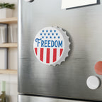 Fridge magnet with 'FREEDOM' text on a metallic surface