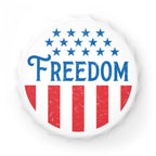 Round sticker with 'FREEDOM' text surrounded by stars and stripes on a white background
