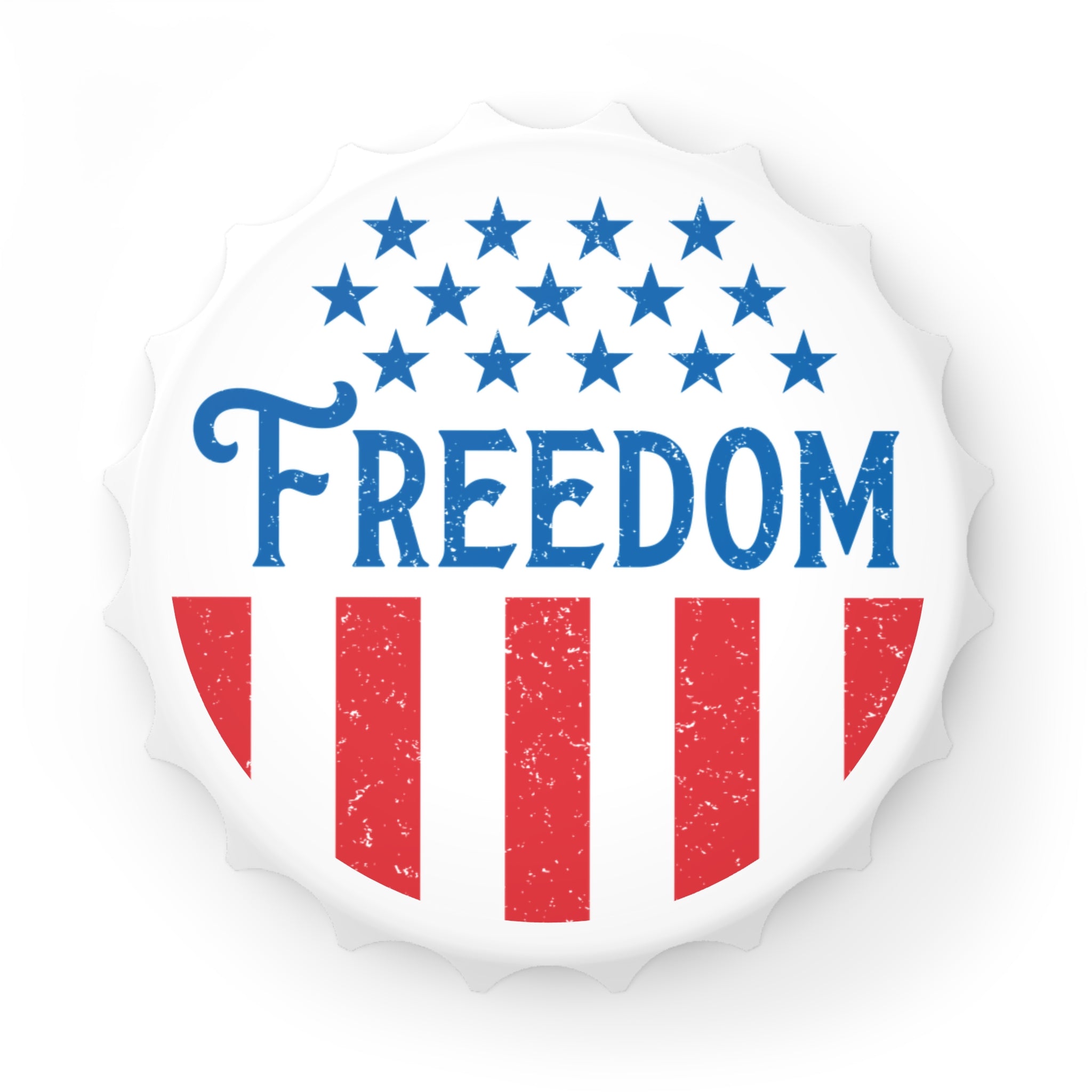 Round sticker with 'FREEDOM' text surrounded by stars and stripes on a white background