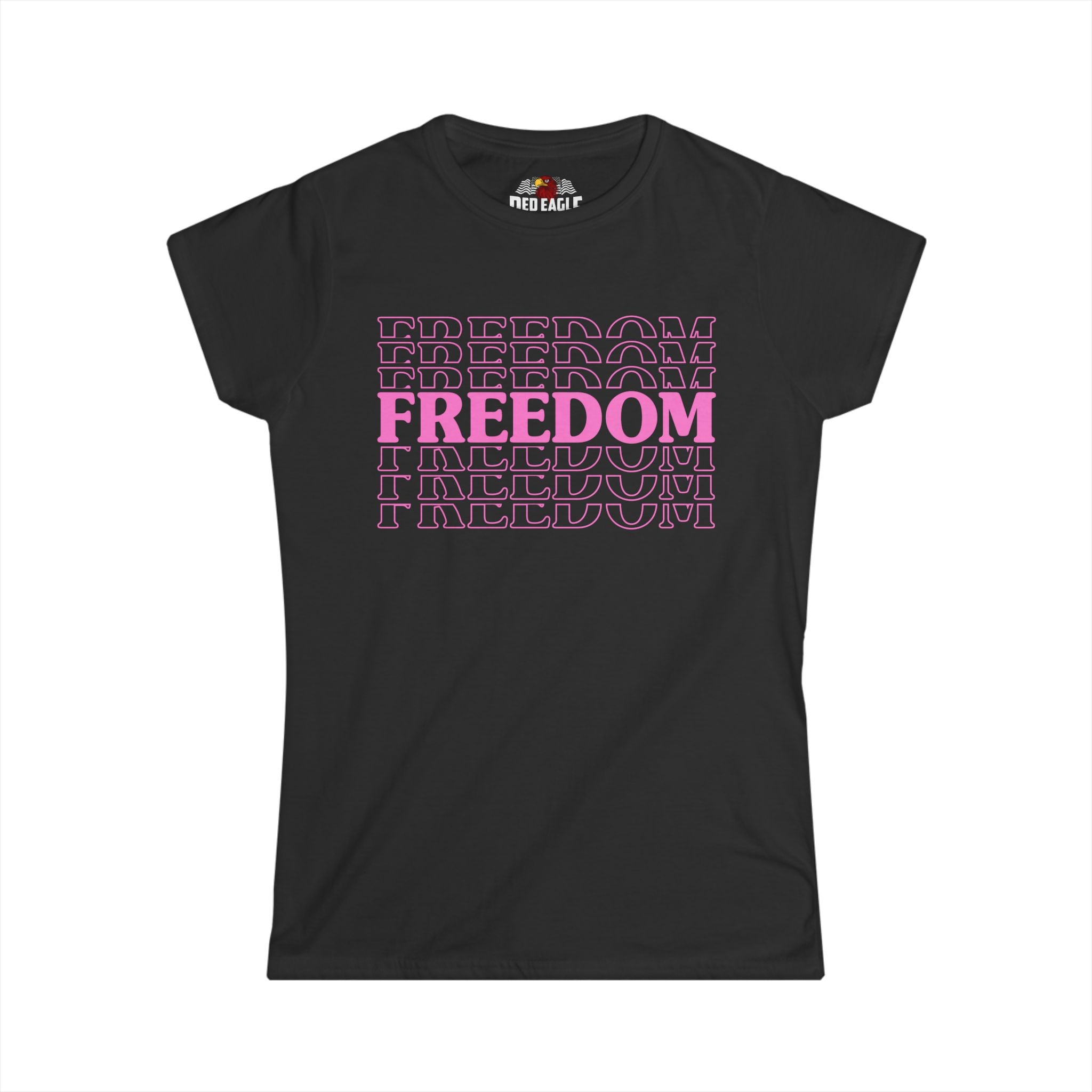 Black t-shirt with pink 'FREEDOM' text on a white background