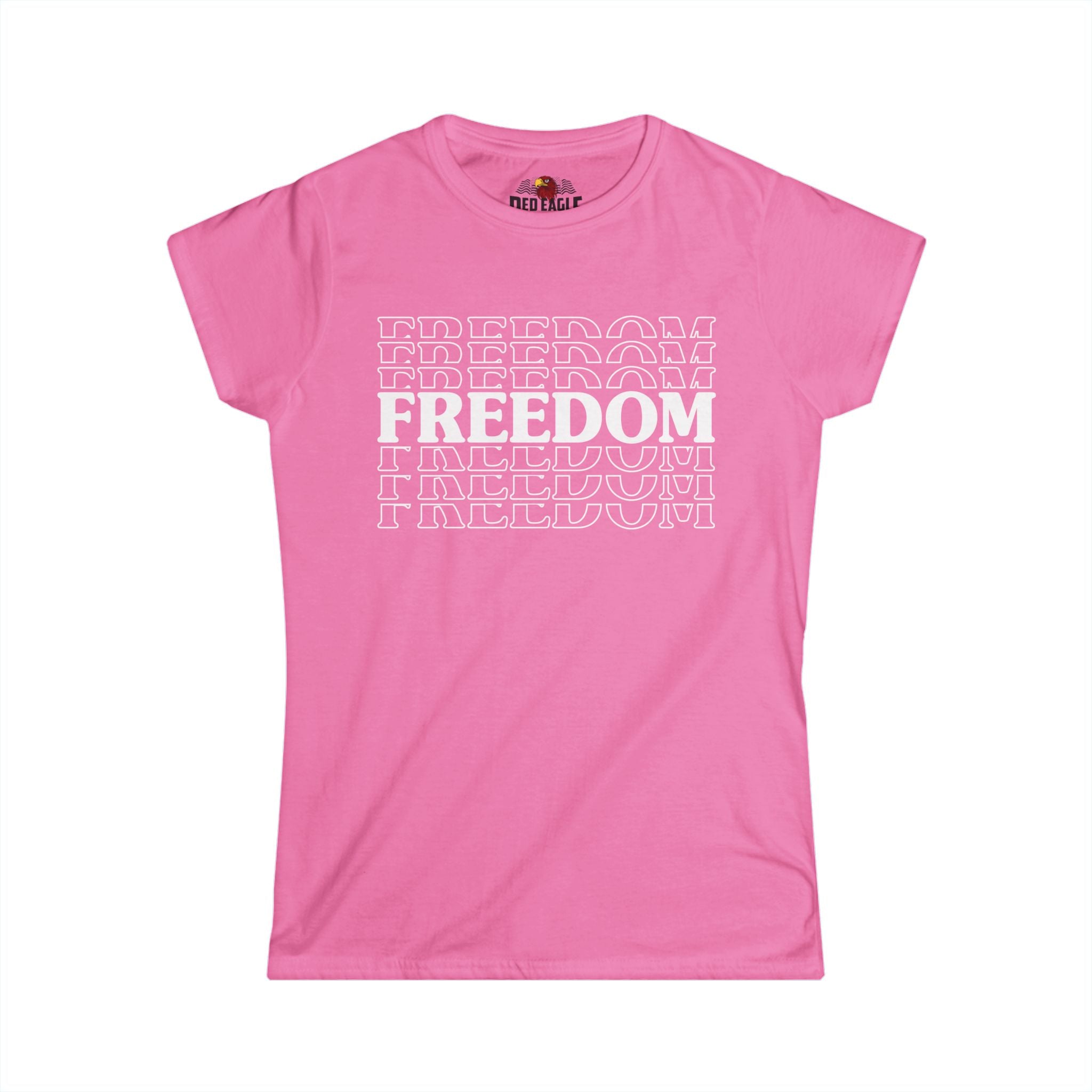 Pink t-shirt with 'FREEDOM' printed multiple times on a white background