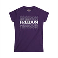 Purple t-shirt with 'FREEDOM' text design on a white background