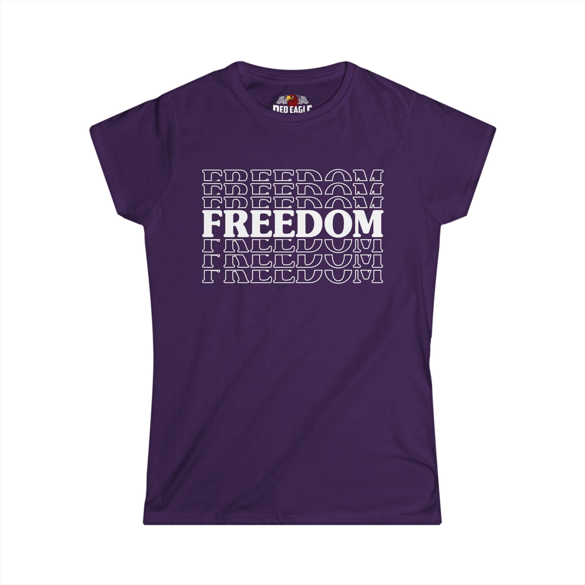 Purple t-shirt with 'FREEDOM' text design on a white background