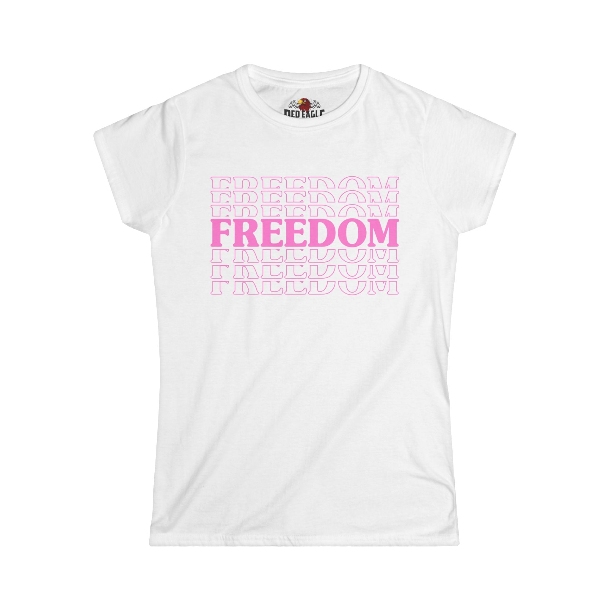 White t-shirt with pink 'FREEDOM' text on a white background