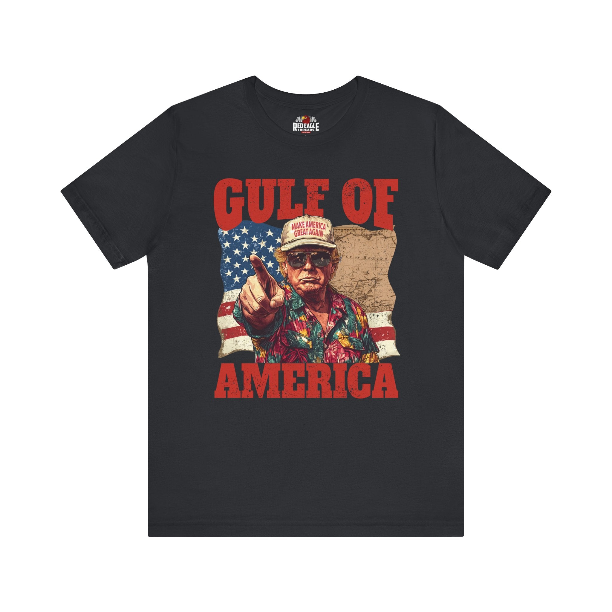Vintage Black t-shirt with graphic design featuring a person pointing and text 'Gulf of America' on a white background