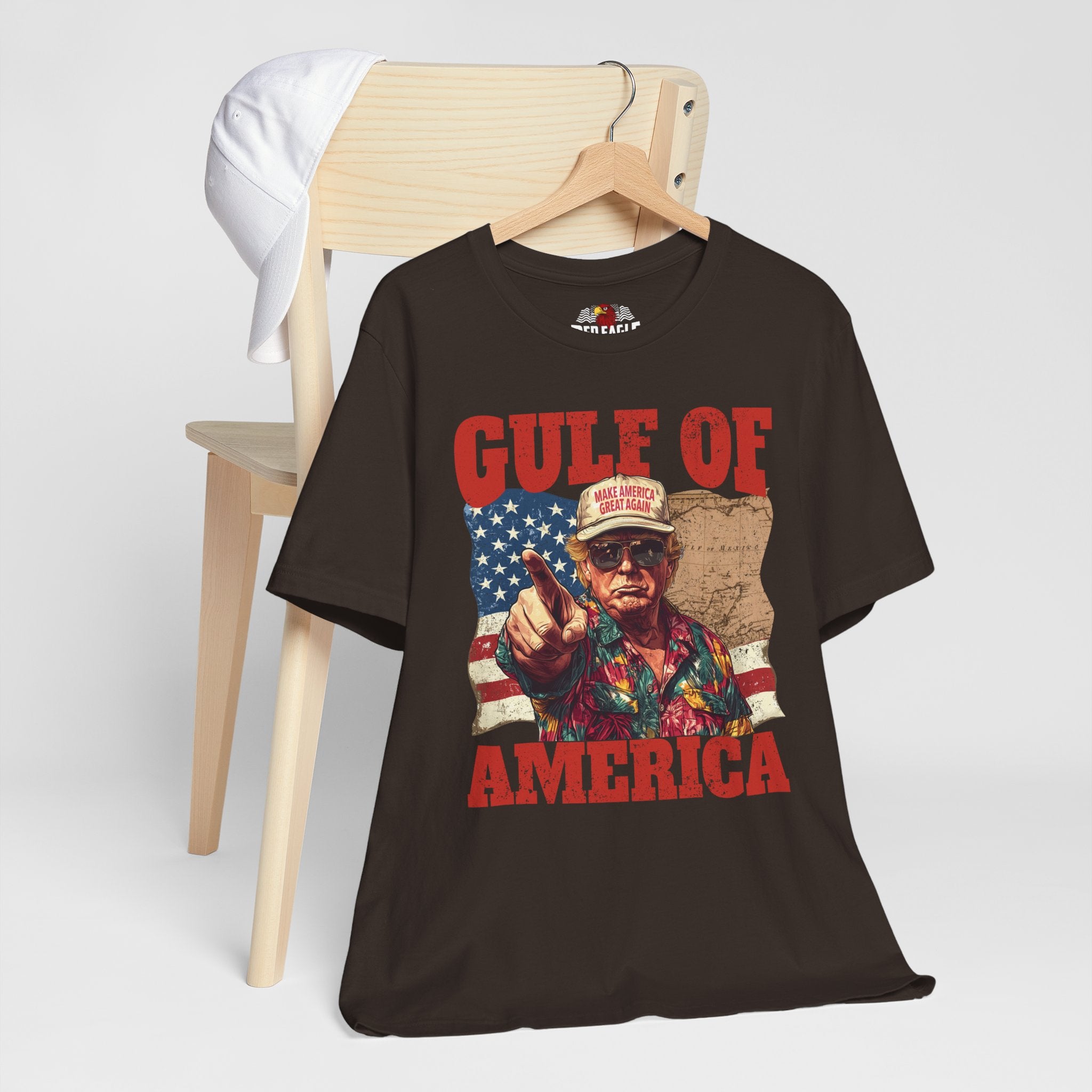 Brown t-shirt with graphic design and text 'Gulf of America' on a white background