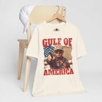 Natural t-shirt with graphic design and text 'Gulf of America' on a white background