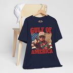 Navy blue t-shirt with graphic design and text 'Gulf of America' on a white background