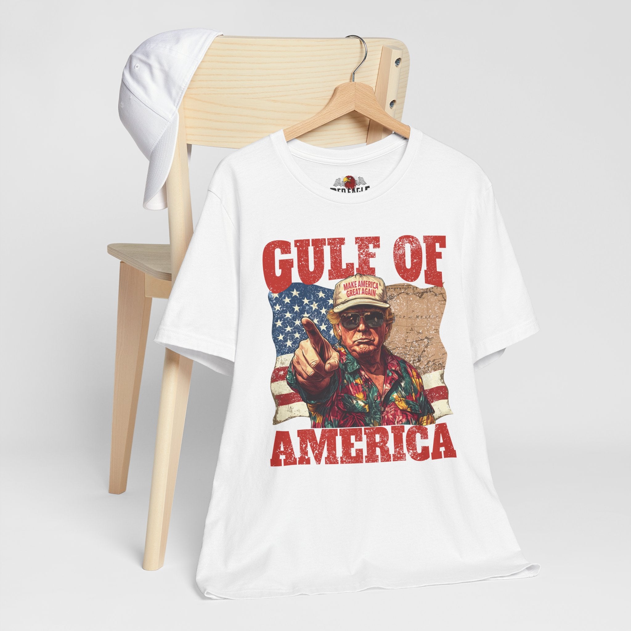 White  t-shirt with graphic design and text 'Gulf of America' on a white background