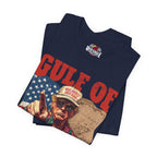 Folded navy blue t-shirt with graphic design and text on a white background