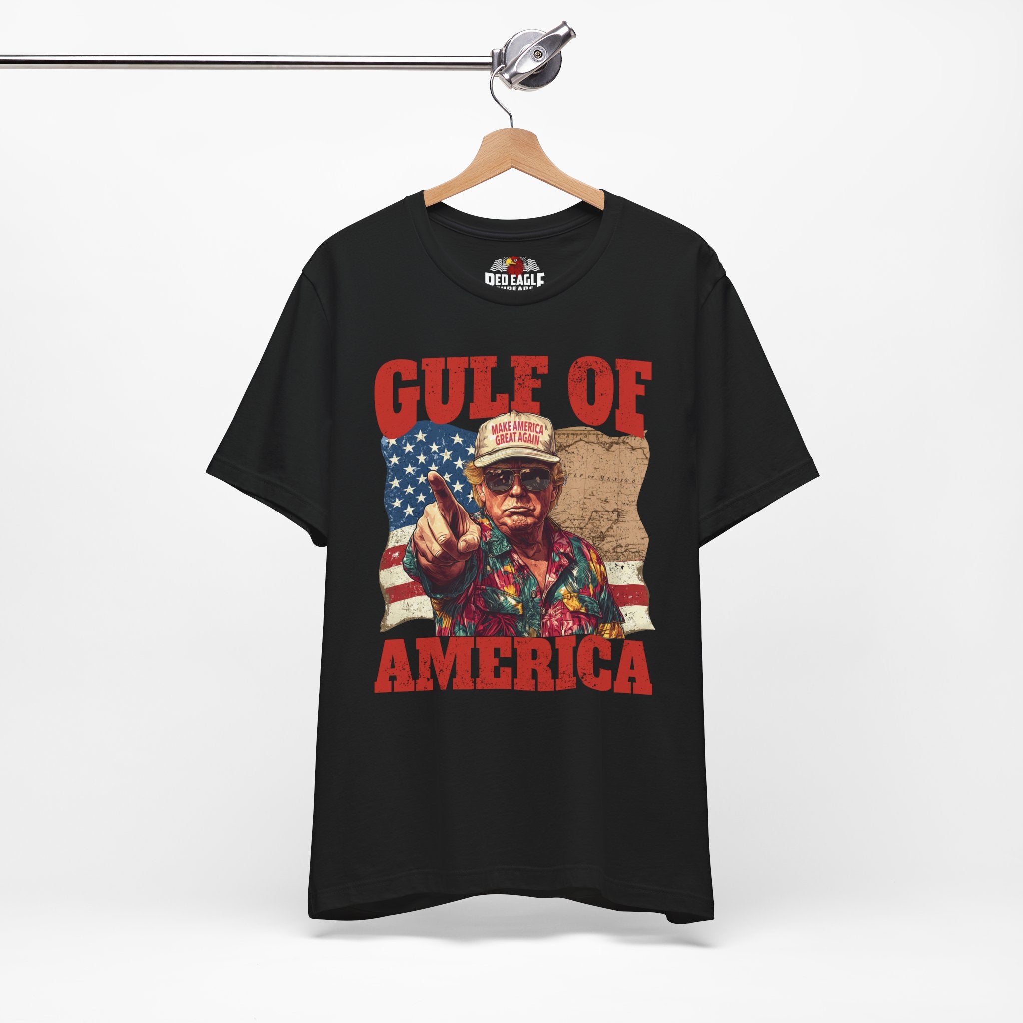 Black t-shirt with graphic design and text 'Gulf of America' on a hanger against a white background
