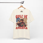 T-shirt with graphic design and text on a hanger against a white background