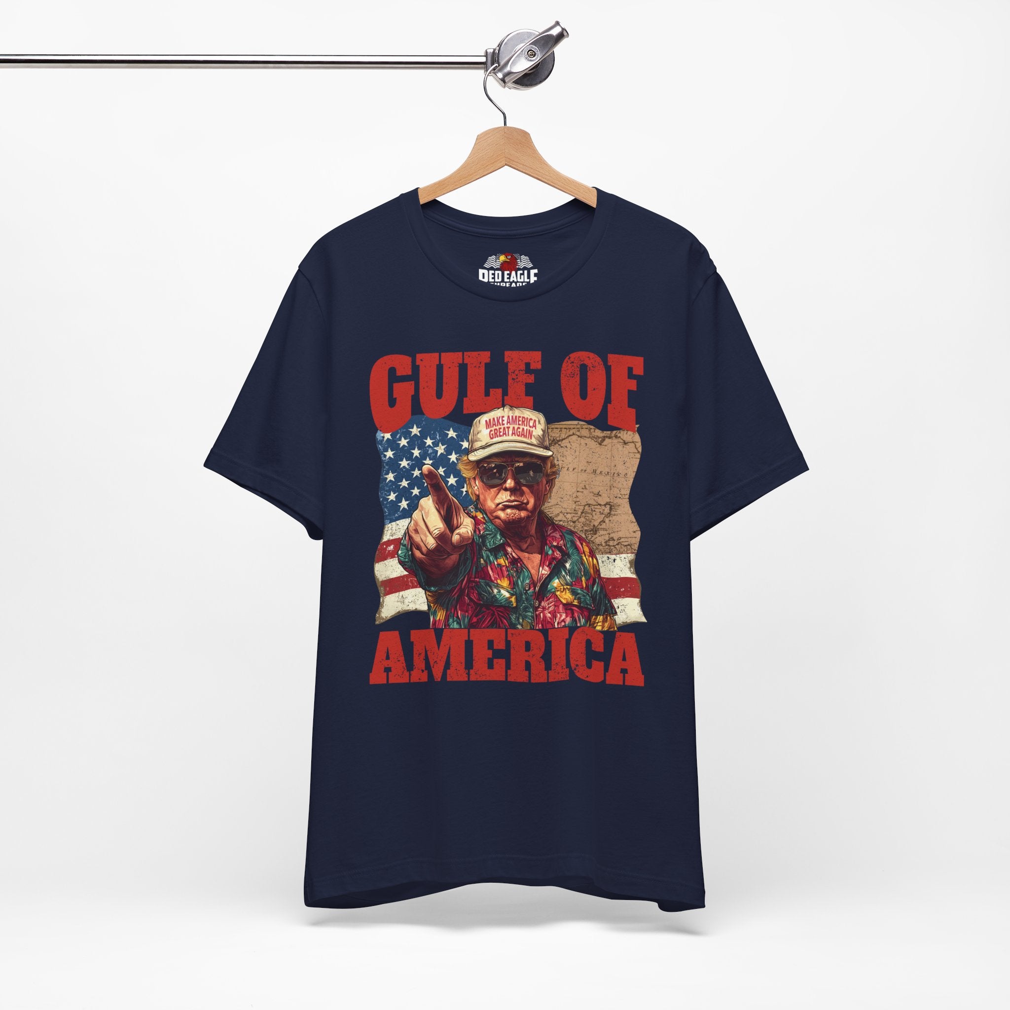 Navy blue t-shirt with graphic design and text 'Gulf of America' on a hanger against a white background