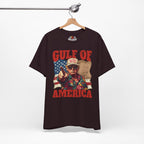Oxblood Black t-shirt with graphic design and text 'Gulf of America' on a hanger against a white background