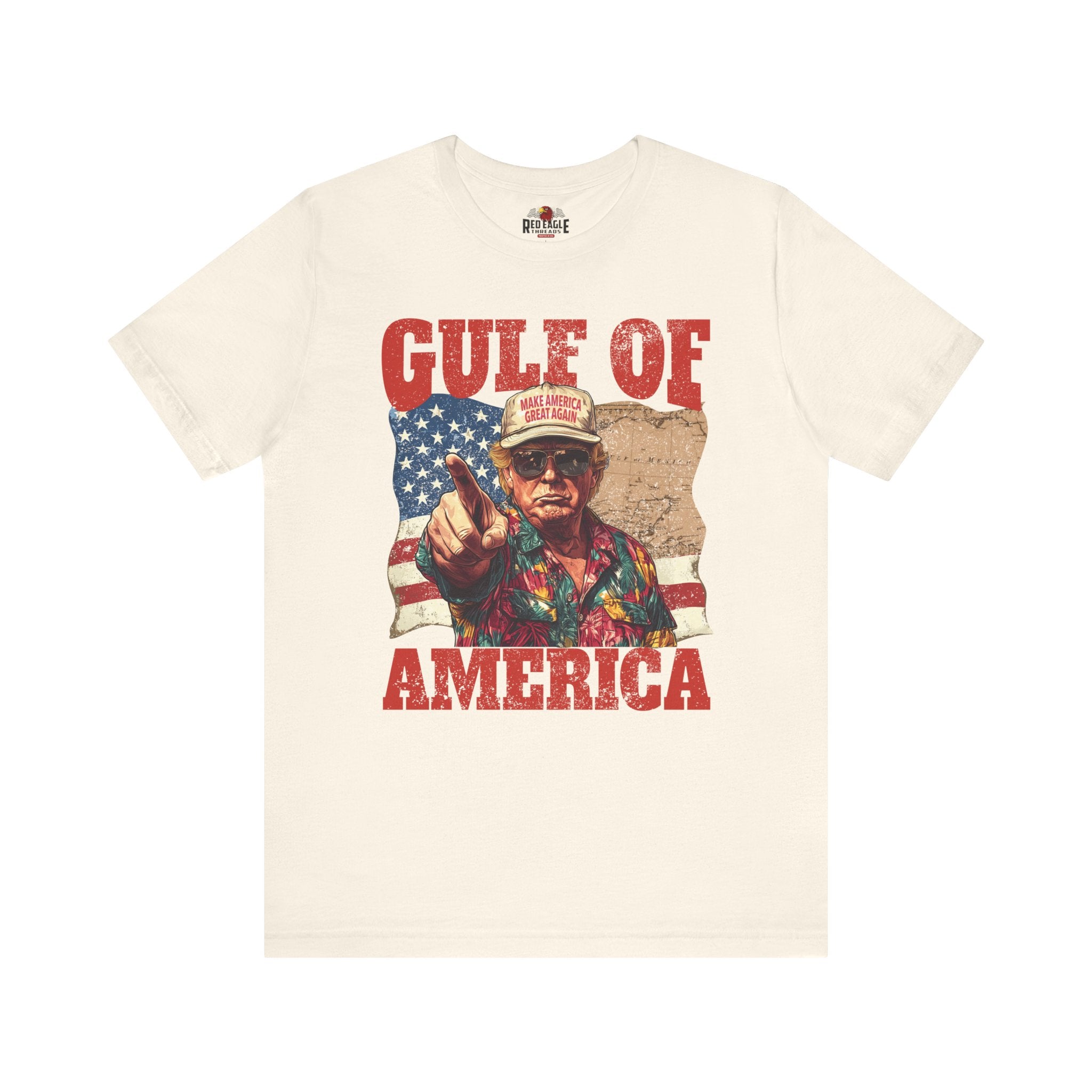 Natural t-shirt with graphic design featuring a person and 'Gulf of America' text on a white background