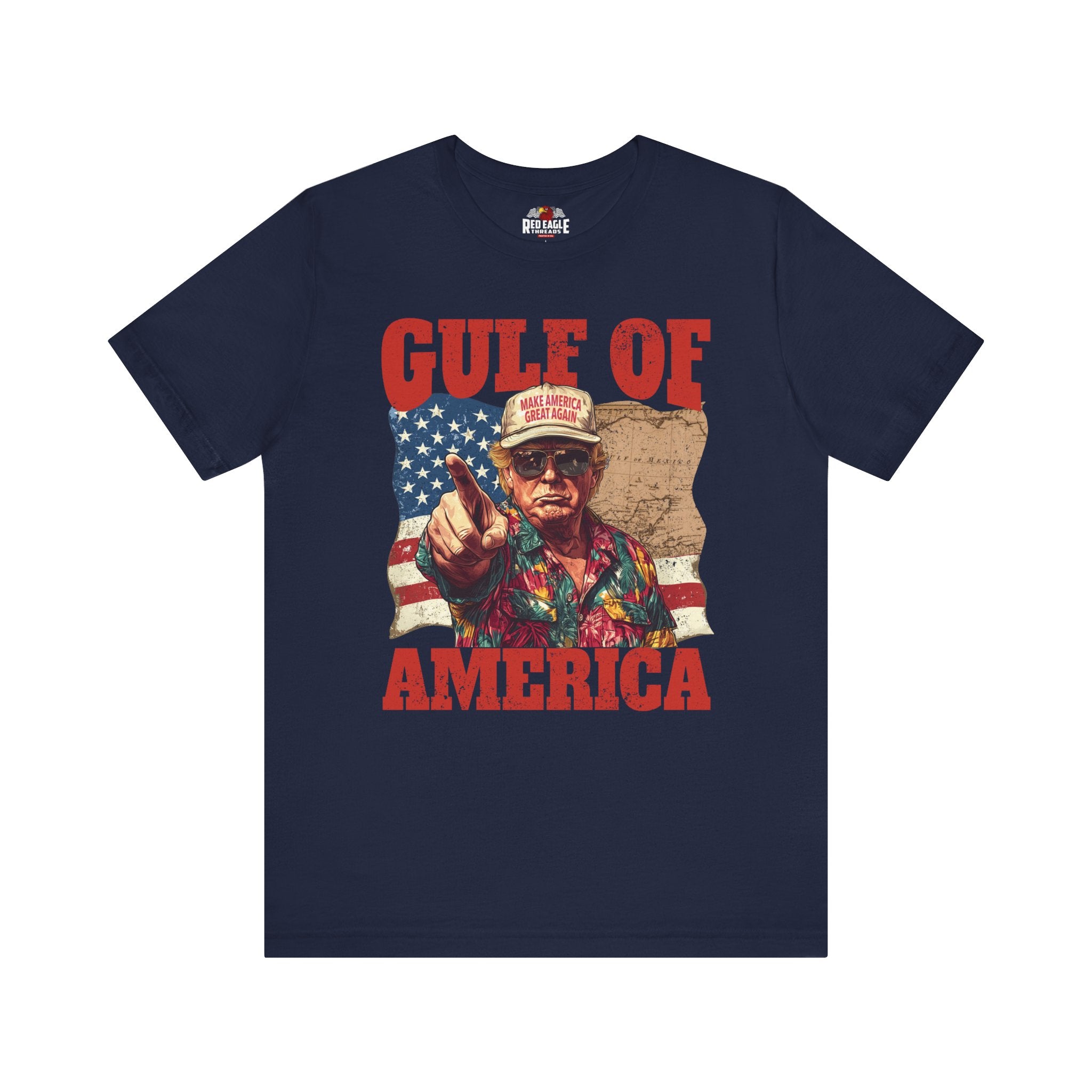 Navy blue t-shirt with graphic design featuring a person pointing and text 'Gulf of America' on a white background