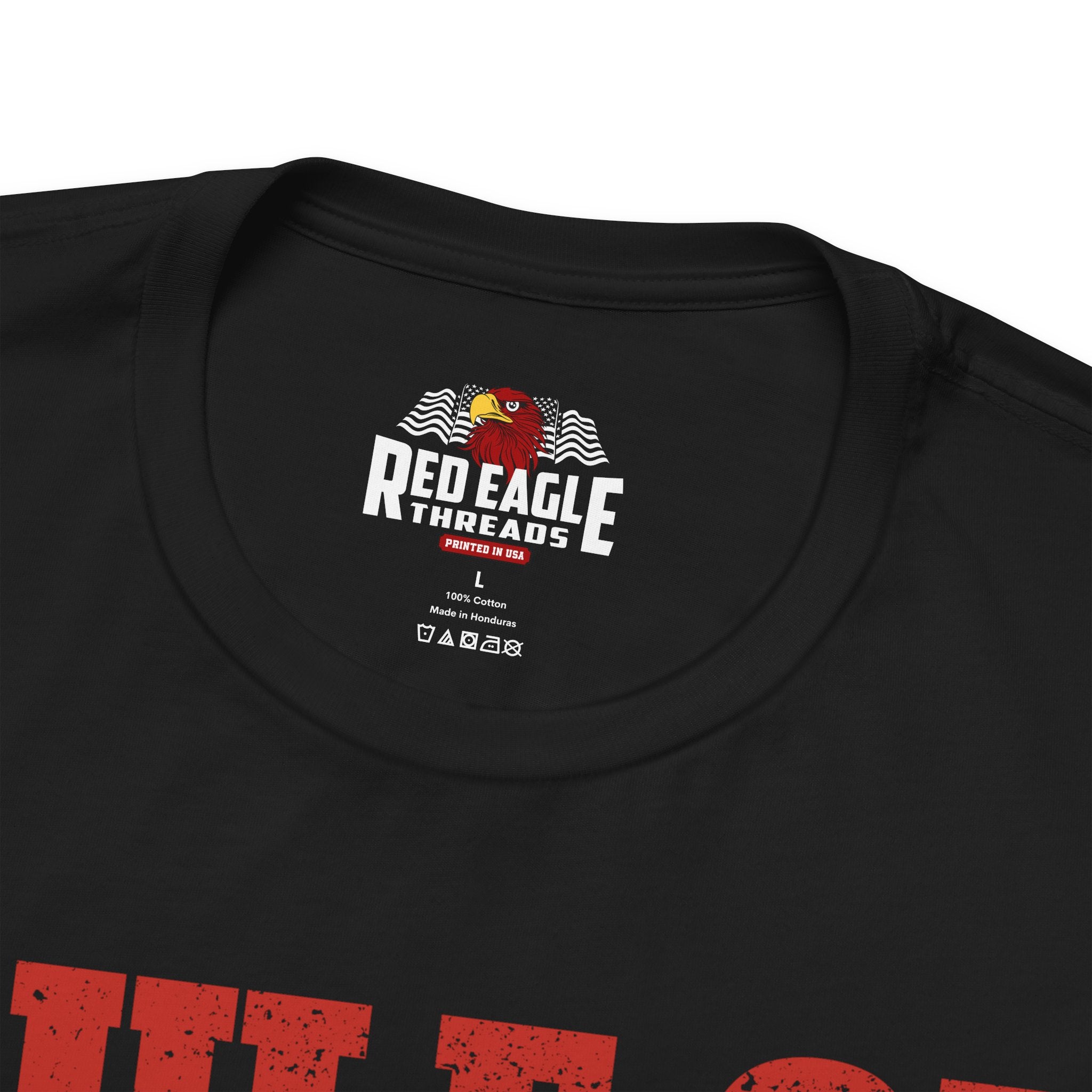 Black t-shirt with Red Eagle Threads logo and text on a white background