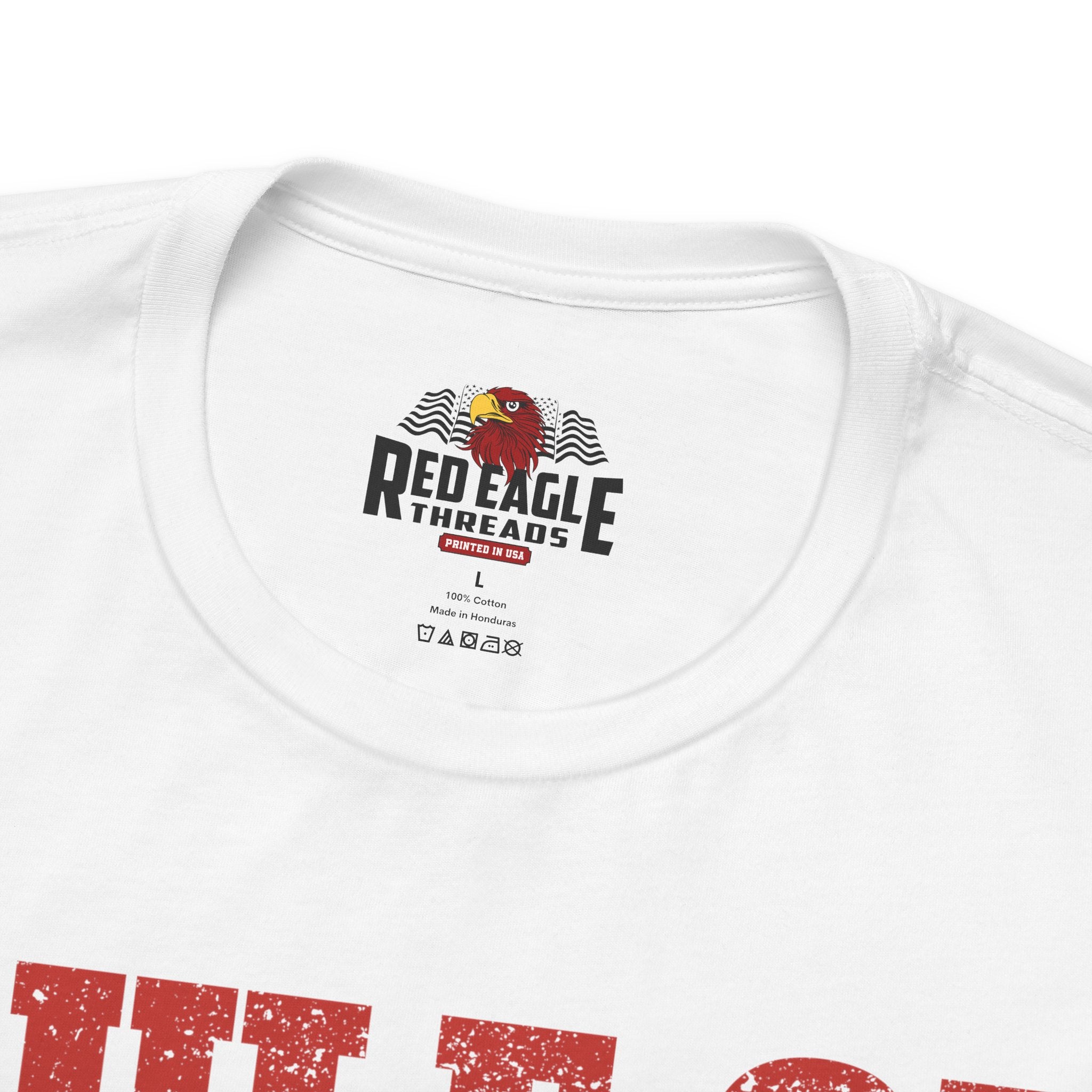 White t-shirt with 'Red Eagle Threads' logo and text on a white background
