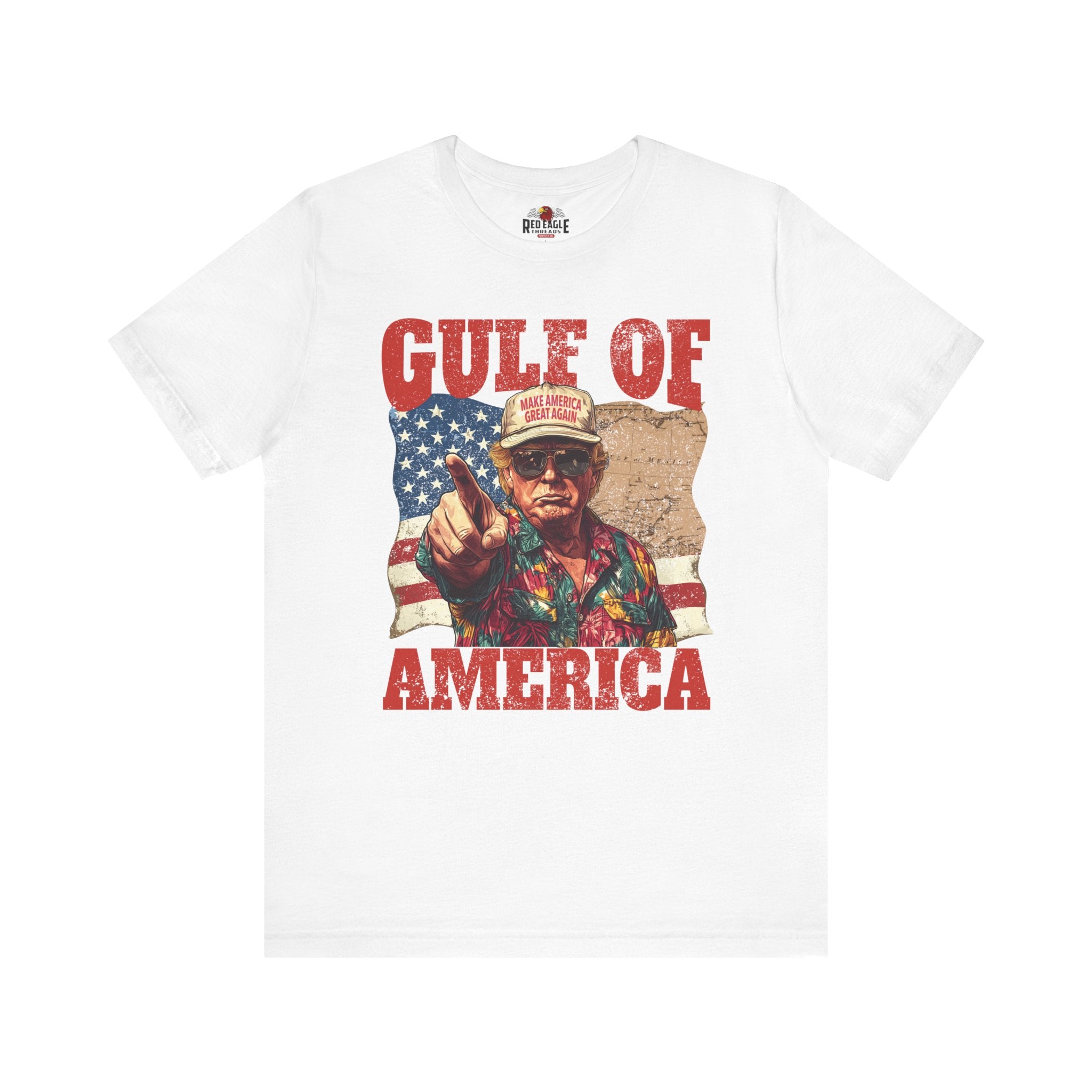 White t-shirt with graphic design featuring a person pointing and text 'Gulf of America' on a white background