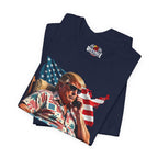Folded navy blue t-shirt with a graphic of a person holding a phone in front of an American flag.