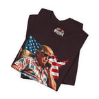 Oxblood Black t-shirt with a graphic of a person holding a phone in front of an American flag.