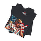 Vintage Black t-shirt with a graphic of a person holding a phone in front of an American flag.
