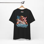 Black t-shirt with graphic design of a person holding an American flag, labeled 'Gulf of America', on a hanger against a white background.