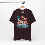 Oxblood Black t-shirt with graphic design of a person holding an American flag, labeled 'Gulf of America', on a hanger against a white background.