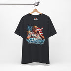 Vintage Black t-shirt with graphic design of a person on a phone with an American flag, hanging on a white background.
