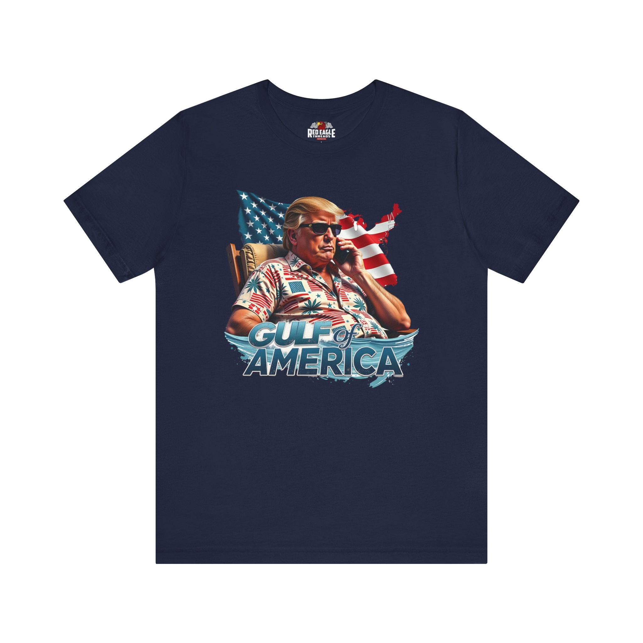 Navy blue t-shirt with a graphic of a person on a phone call with an American flag, displayed on a white background.