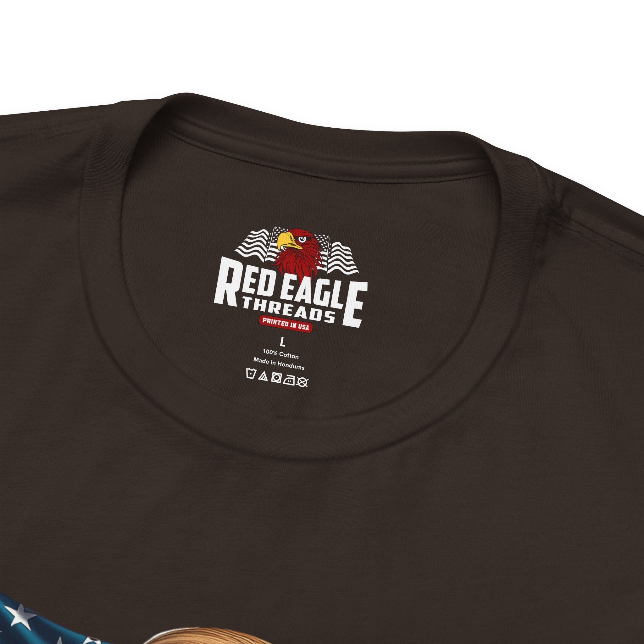 Brown t-shirt with 'Red Eagle Threads' logo on a white background