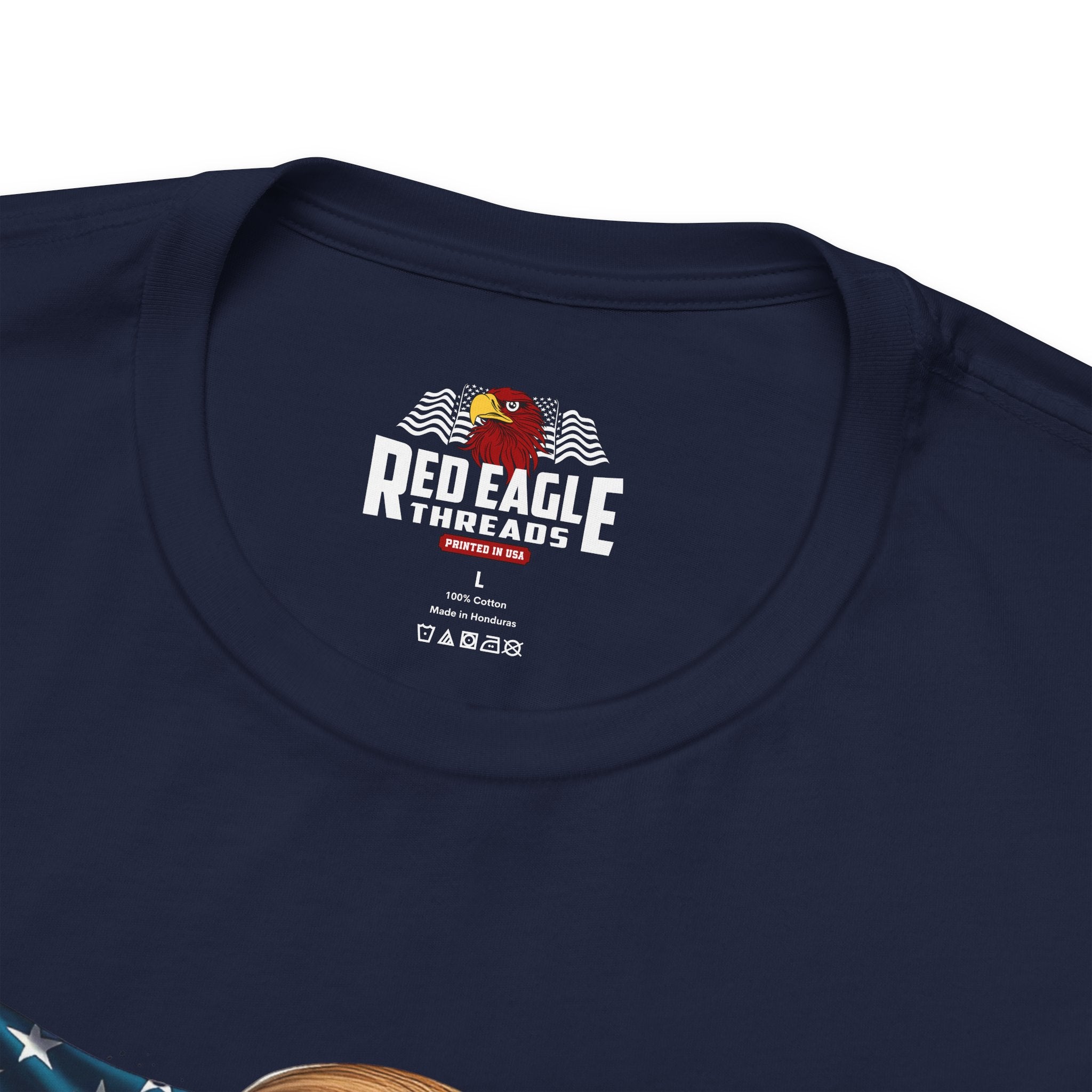 Navy blue t-shirt with 'Red Eagle Threads' logo on a white background