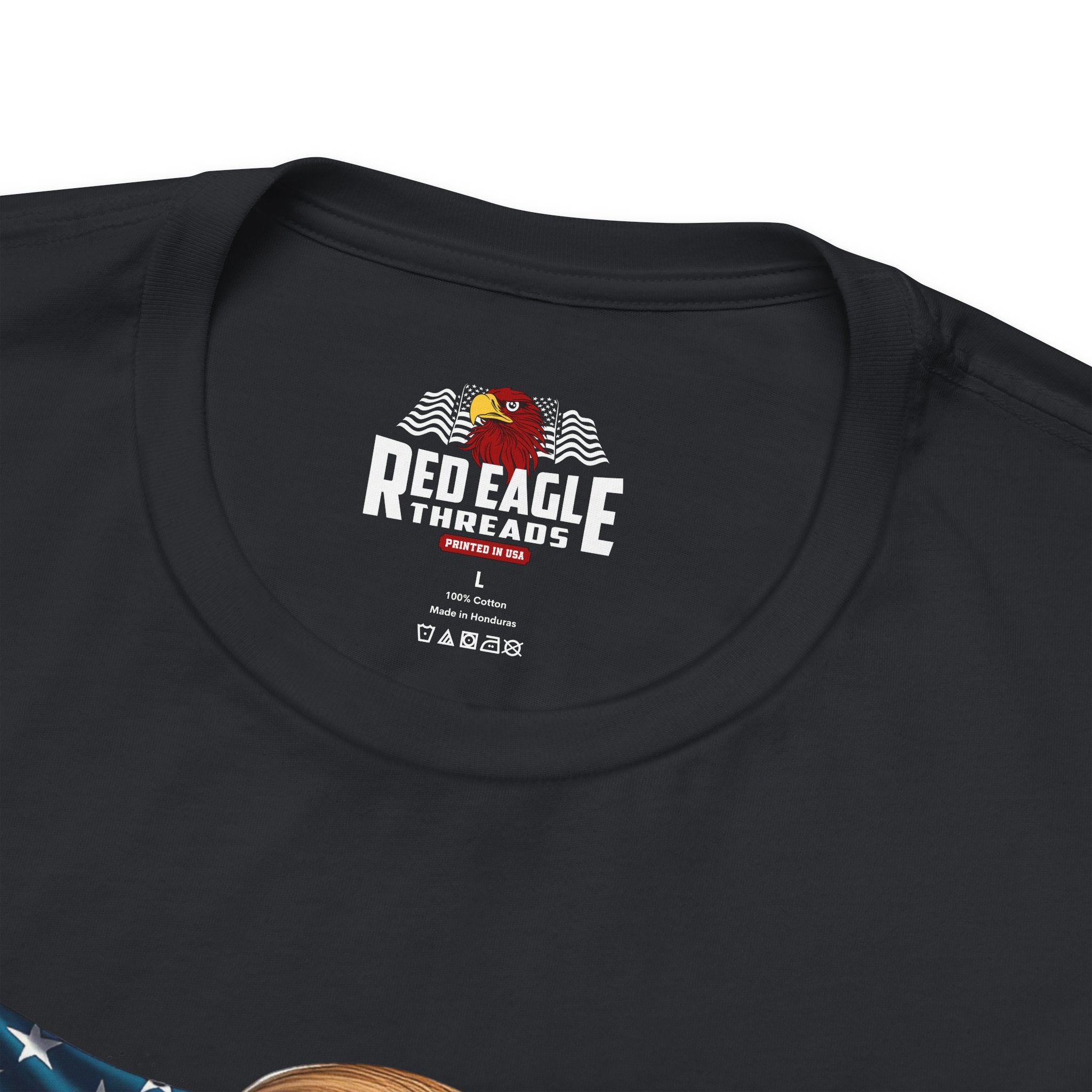 Black t-shirt with 'Red Eagle Threads' logo on a white background