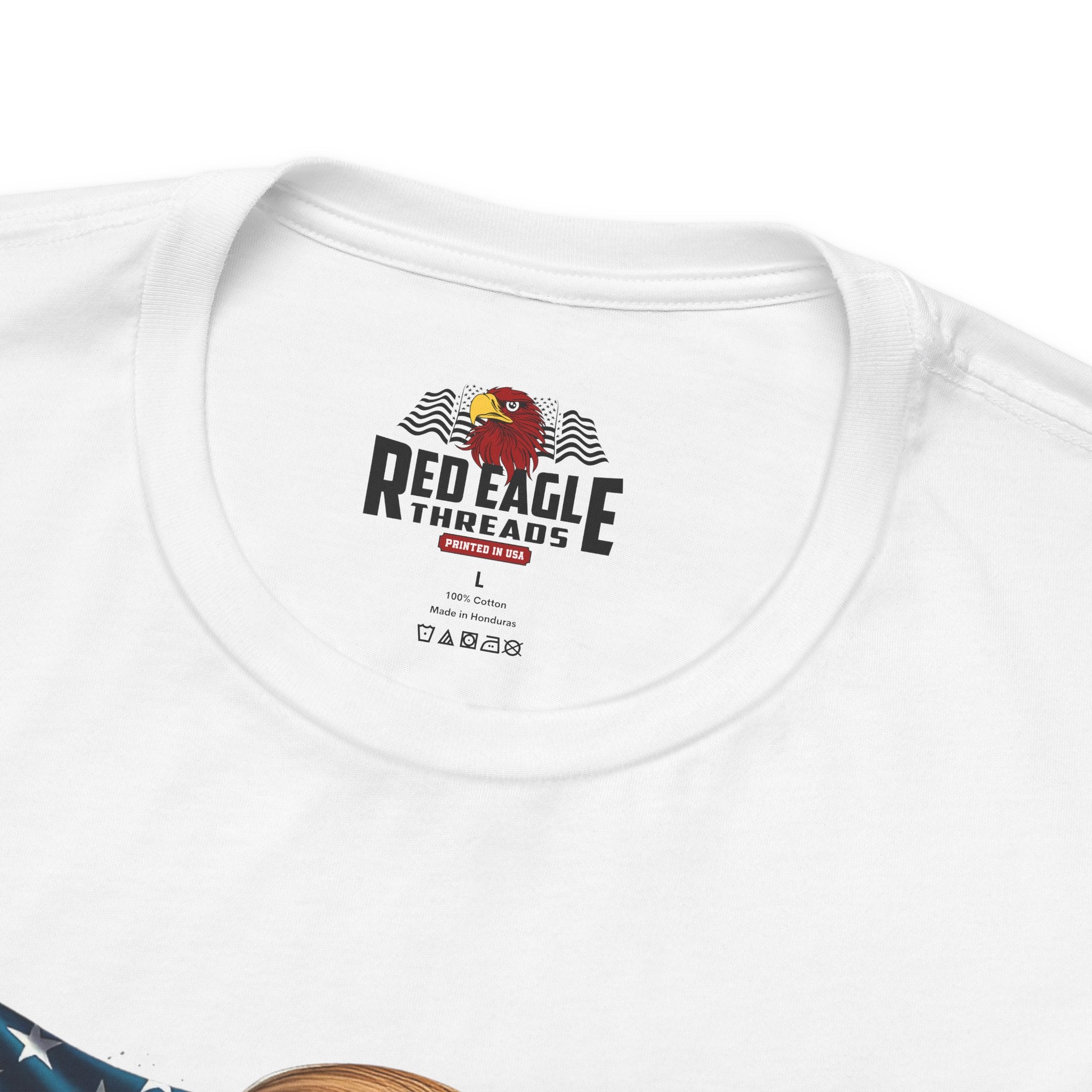 White t-shirt with Red Eagle Threads logo and text on a white background