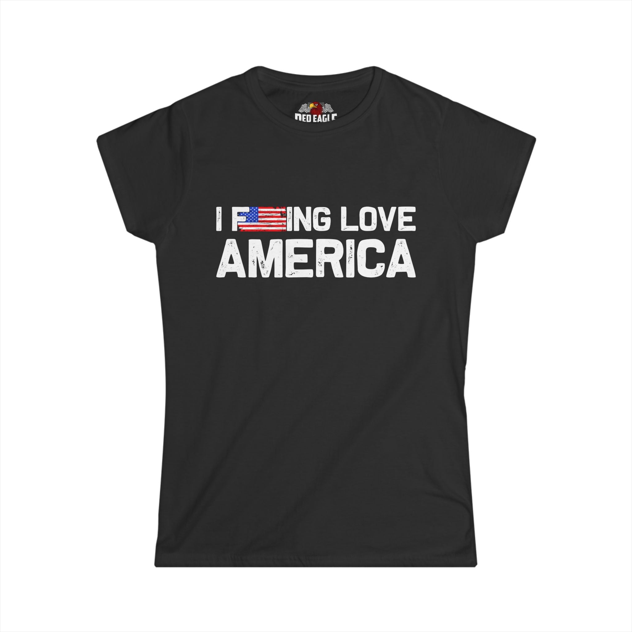 Black t-shirt with 'I F***ING LOVE AMERICA' text and flag design on a white background